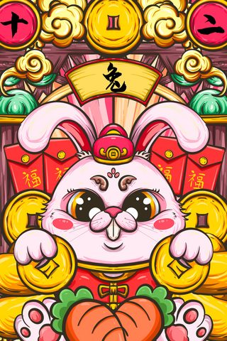 十二生肖插画海报模板_4中国十二生肖国潮风插画卯兔