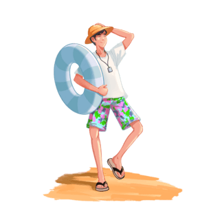 带帽子的狮子海报模板_夏季夏天沙滩去游泳的男生人物