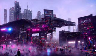 科幻指纹海报模板_粉紫色赛博朋克科幻城市摩天高楼夜景插画