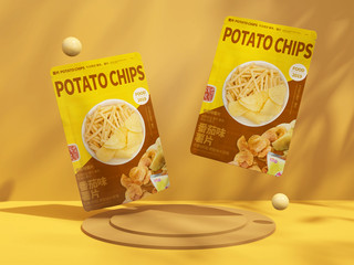 丝袜盒子海报模板_悬浮的黄色简约零食薯片包装样机