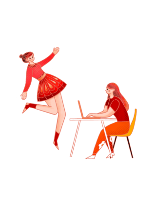 办公小人物海报模板_红色美女跳舞和工作办公女性人物元素