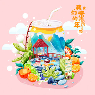 饮料杯垫海报模板_童年零食饮料微景观六一儿童节插画