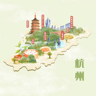 日本唐代建筑海报模板_杭州旅游地标美食地图插画建筑地图