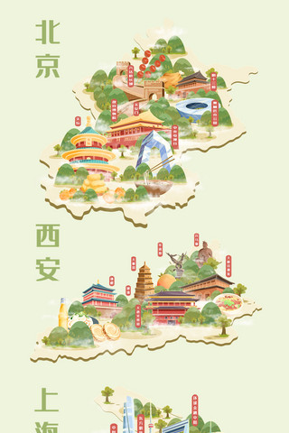 中国城市旅游地图地标建筑美食插画地图