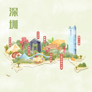 古代地图旗子海报模板_深圳旅游地标美食地图插画建筑地图