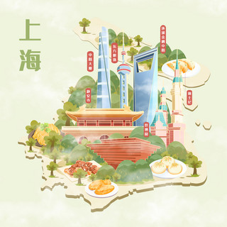 地标定位海报模板_上海旅游地标美食地图插画建筑地图