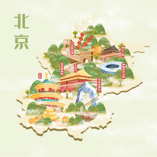 地标网格线海报模板_北京旅游地标美食地图插画建筑地图