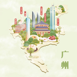 地图美化地图标记海报模板_广州旅游地标美食地图插画建筑地图