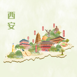 西安旅游地标美食地图插画建筑地图