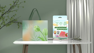 画展手提袋设计海报模板_清新绿色时尚的手提袋和零食包装样机