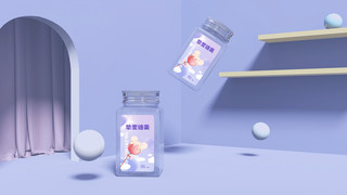扑克包装矢量素材海报模板_紫色浪漫糖果瓶装玻璃瓶包装样机