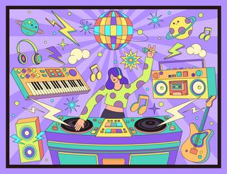 戴入耳耳机海报模板_紫色夏日潮流音乐节矢量插画