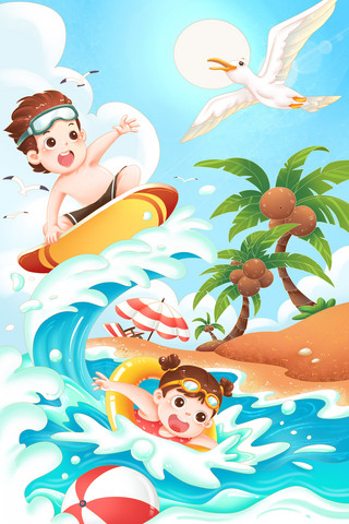 戴头盔的孩子海报模板_夏季夏日暑假儿童游泳冲浪海洋场景插画