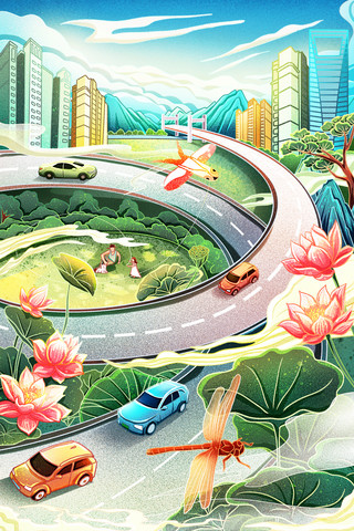高速公路应急车道海报模板_上海复工复产国潮城市公路场景