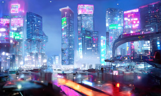 蓝紫色未来科幻摩天大厦霓虹灯迷雾夜景插画