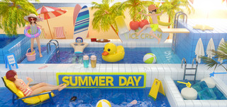泳池夏天海报模板_3D立体夏日海边泳池游玩派对party横图
