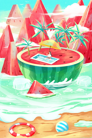美味甜橙果酱海报模板_夏天西瓜清凉美味红色明亮配图光感插画