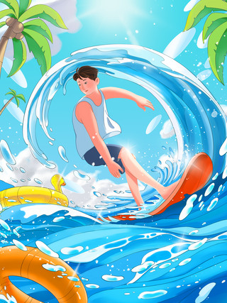 椰子树　沙滩海报模板_夏天夏日冲浪游泳浪花酷爽滑板水上运动大海