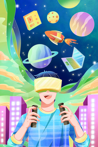 太空地贴海报模板_绿色科技风虚拟元宇宙VR人物海报 