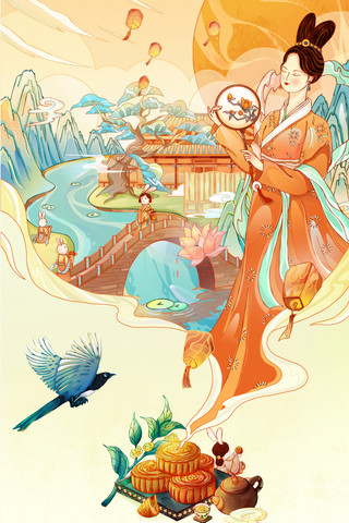黄牛兔子海报模板_中秋节中秋国潮中国风嫦娥兔子仙女月饼祈福插画海报