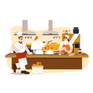 餐厅和戴口罩厨师海报模板_扁平厨师烹饪扁平夸张人物厨房餐厅
