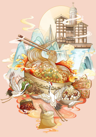 重庆美食小面餐饮美食国潮山水地标建筑中国风插画