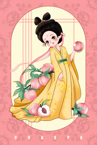 桃叶桃子海报模板_古风水果拟人系列插画之水蜜桃中国风