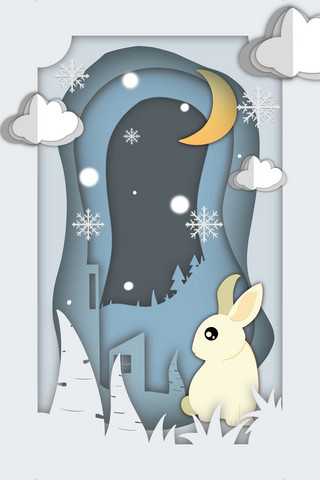 陪你一起看月亮海报模板_剪纸风兔年兔子白兔小兔子2月二月冬天雪花月亮插画海报