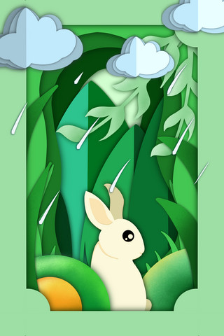 剪纸风兔年兔子白兔小兔子4月四月清明青团下雨白云插画海报