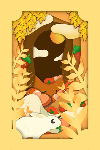 南瓜藤上的南瓜海报模板_剪纸风兔年兔子白兔小兔子10月十月秋天丰收麦穗辣椒南瓜番茄插画海报