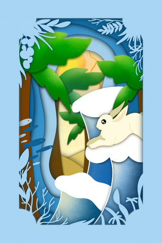 剪纸风兔年兔子白兔小兔子7月七月清凉夏天阳光椰树冲浪插画海报