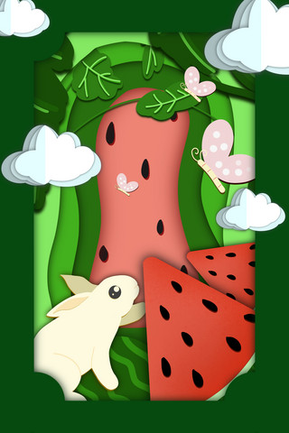 剪纸风兔年兔子白兔小兔子6月六月夏天西瓜瓜藤蝴蝶白云插画海报