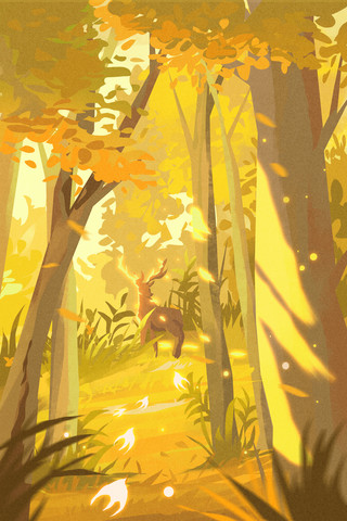 金黄色水滴卡通海报模板_秋天秋季秋分黄色配图森林