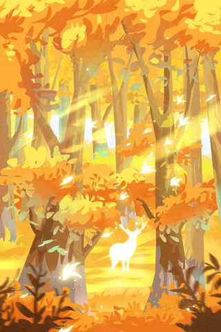 雪中森林海报模板_秋天黄色树叶小鹿节气配图秋季森林