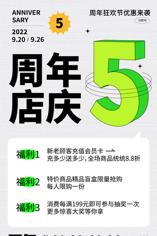 vip扁平图标海报模板_5周年店庆海报绿色店庆活动福利促销