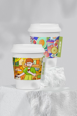 水溢出杯子海报模板_咖啡杯子奶茶杯样机饮品绿色纸杯