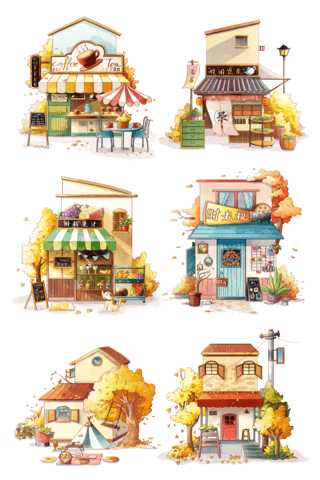 森林里的房子海报模板_水彩房子手账元素套图秋天秋季插画手绘元素建筑小店铺商铺