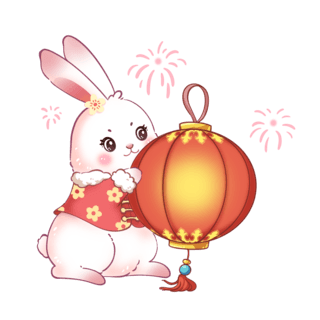 春节红色鞭炮插画海报模板_红色春节喜庆兔子手抱大灯笼兔年新年元素