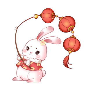 春节放假通知海报模板_红色春节兔子开心拿灯笼挥舞兔年新年元素
