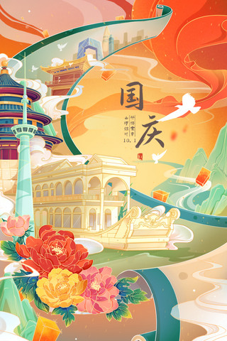 人在青山在海报模板_国庆国庆节国潮祖国画卷盛世中国插画