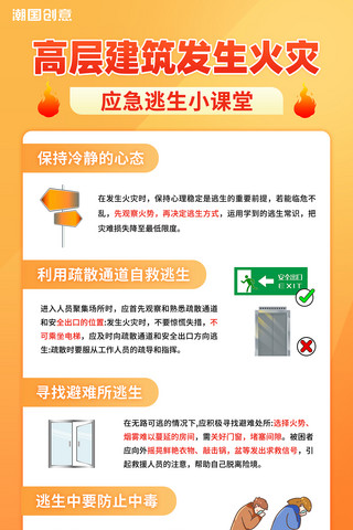 消防应急疏散海报模板_高层发生火灾应急逃生指南宣传海报安全教育