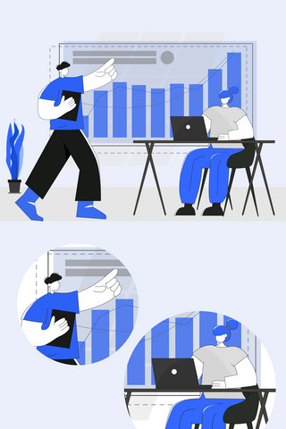 办公蓝色海报模板_商务会议工作办公插画风互联网产品人物团队合作
