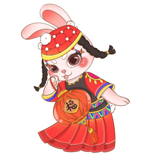 古典民族花纹海报模板_红色可爱春节维吾尔族民族风服饰拿灯笼兔子元素
