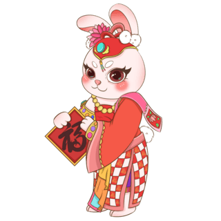 傣族小姑娘画海报模板_红色可爱春节傣族民族风服饰拿福字兔子元素