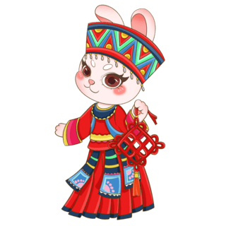春节红色鞭炮插画海报模板_红色可爱春节土家族民族风服饰拿中国结兔子元素