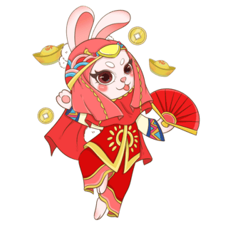 兔子对联海报模板_红色可爱春节回族民族风服饰拿扇子兔子元素
