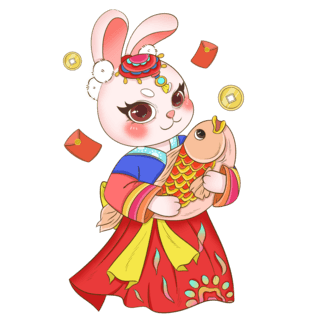 金鸡贺岁海报模板_红色可爱春节朝鲜族民族风服饰抱鱼兔子元素