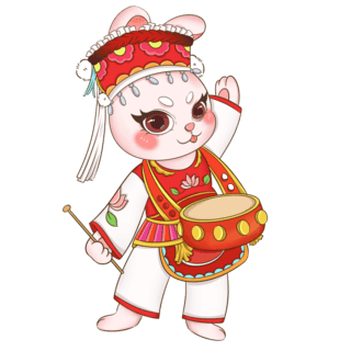 春节对联福海报模板_红色可爱春节白族民族风服饰戴腰鼓兔子元素