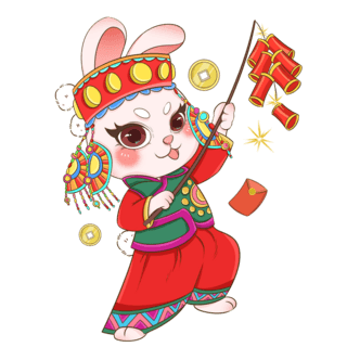 民族风面料海报模板_红色可爱春节蒙古族民族风服饰拿鞭炮兔子元素
