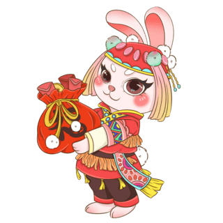 春节红色鞭炮插画海报模板_红色可爱春节彝族民族风服饰抱钱袋兔子元素